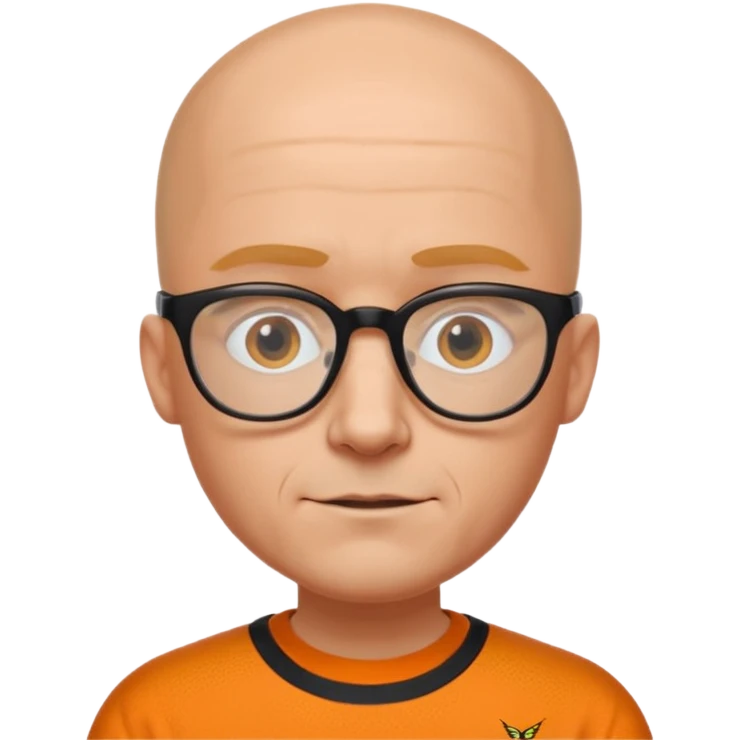Derek, bald with black rimmed glasses, wearing an orange shirt with hornets written on the front in black with white trim emoji