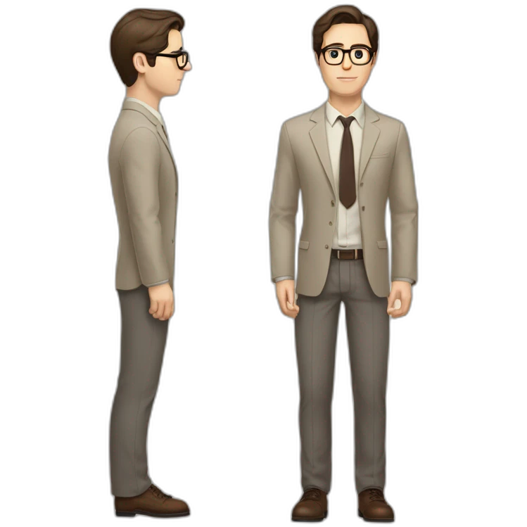 Full height Pale skinned fit man with dark brown hair in gray jacket, beige office shirt, brown tie, brown pants and vintage glasses. His right hand stretched out emoji