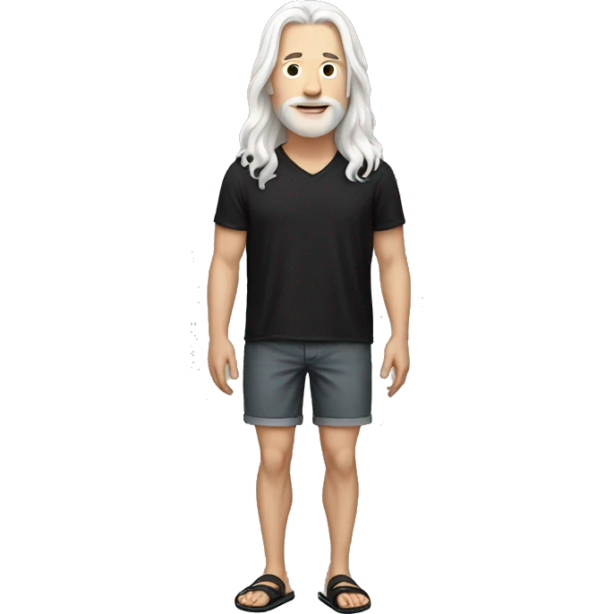 white man white long hair, black shirt, shorts and flipflops emoji