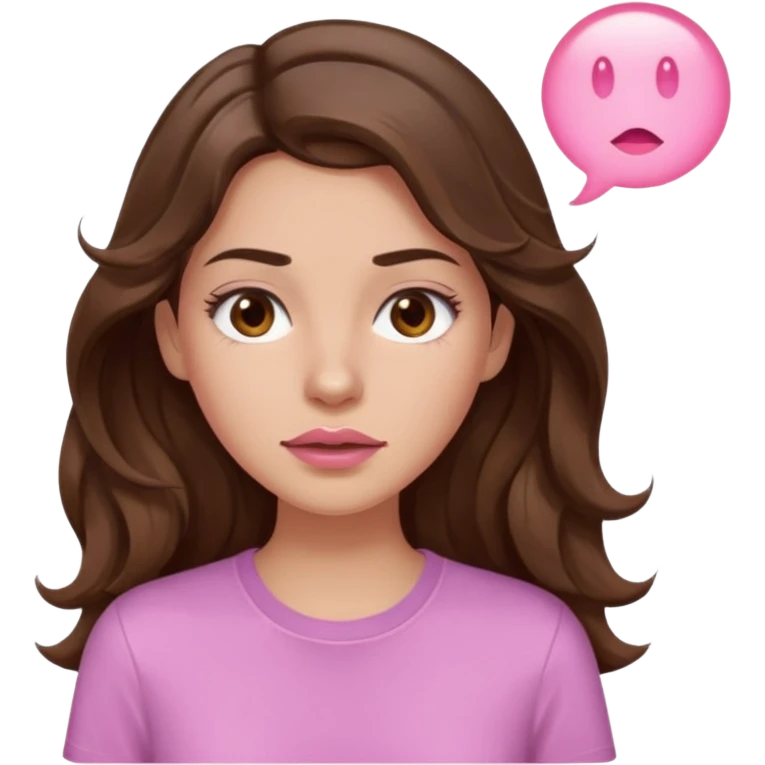 girl with wavy long brown hair, brown eyes, light to medium complexion, long lashes, light pink lipstick, wearing light pink shirt, sweating emoji