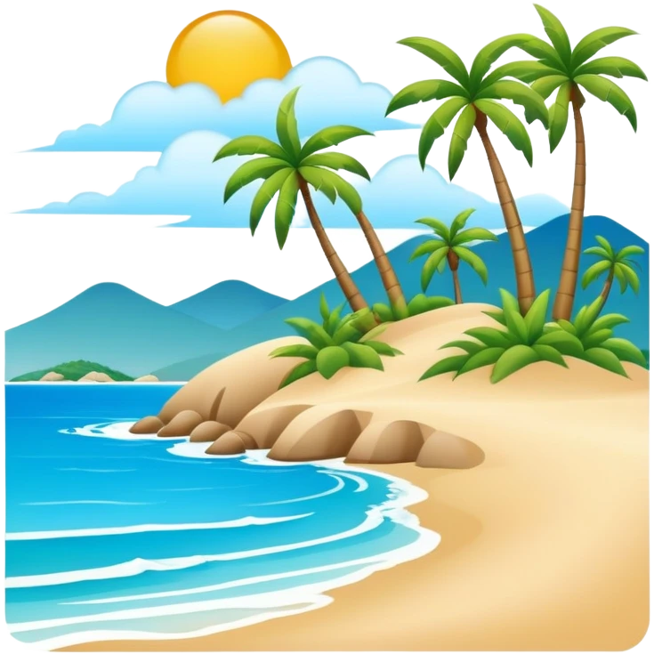 Sanya tropical beach Hainan Island with palm trees, simplified emoji style with bold outlines and bright colors, cartoon style beach with blue water emoji