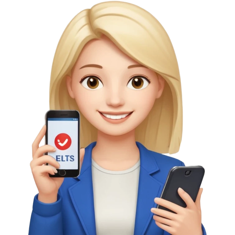 3D emoji style sticker, confident young woman, white background, smiling, holding a smartphone with IELTS result screen showing Overall 8.0, acceptance letter from a European university visible, calm confident energy, soft lighting, minimalistic, clean astrology emoji style emoji