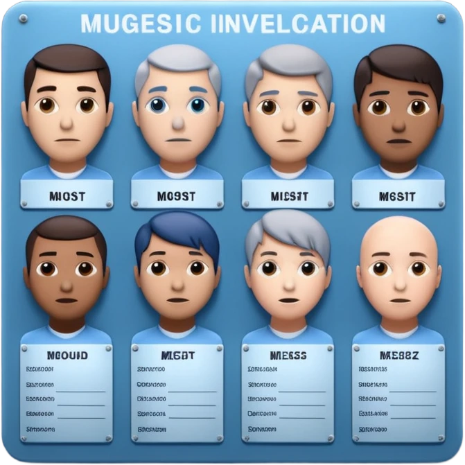 3D render of Mugshot Board, forensic investigation aesthetic, sterile clinical lighting, cool blue undertones, sharp high-contrast details, professional clean look. emoji