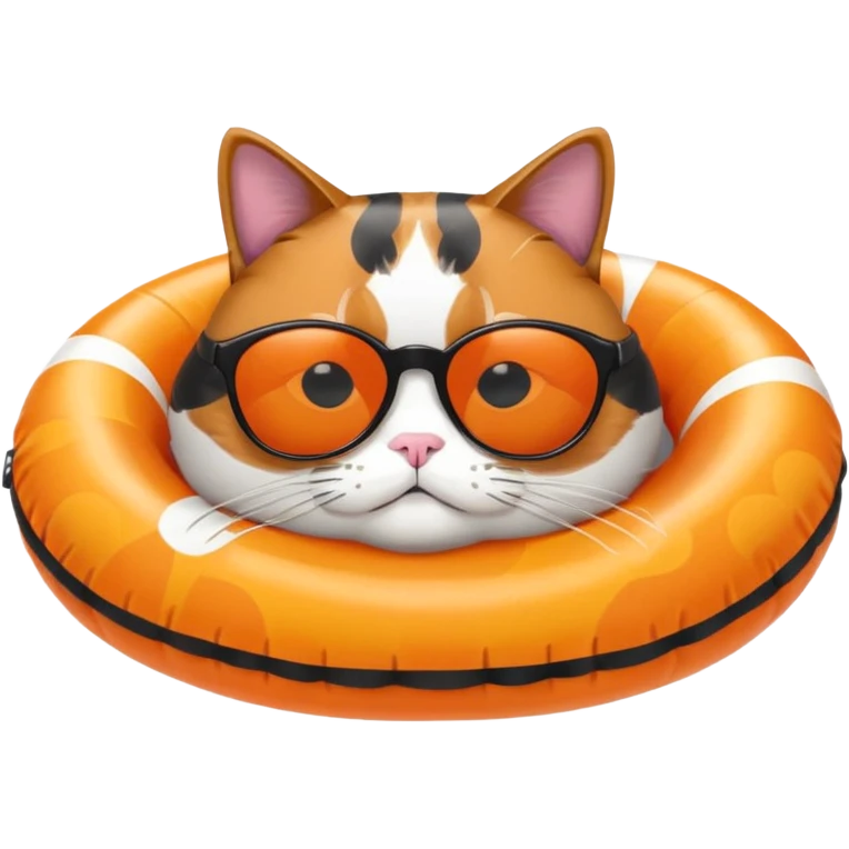 Fat calico cat with sunglasses lying on a pool floatie emoji