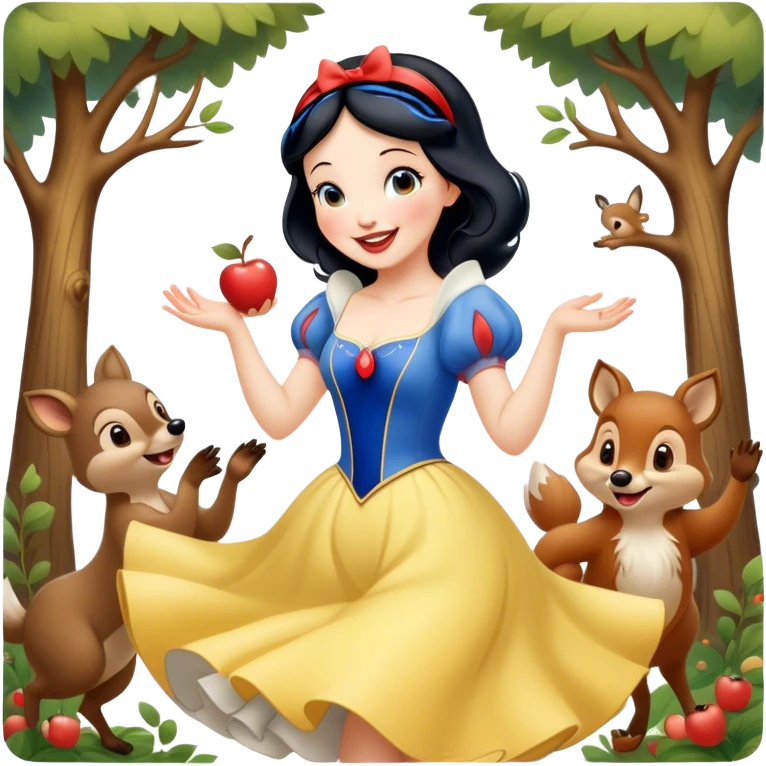 Cinematic Playful Snow White Portrait Emoji, Laughing while dancing with woodland animals, dress twirling gracefully, a whimsical sparkle in her eye, radiating charm and pure delight! emoji
