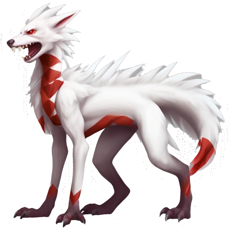 White edgy cute badass epic anthro modern albino sergal-vernid-Fakémon with red mane and red eyes with red edgy stripes, full body emoji