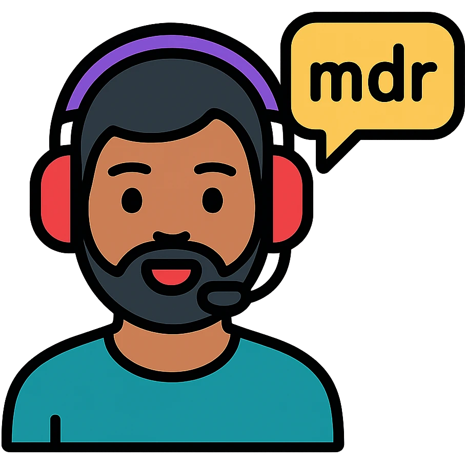 a person with black hair, brown eyes, and a black beard wearing a gaming headset saying "mdr" emoji