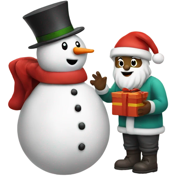 Santa giving snowman a gift emoji