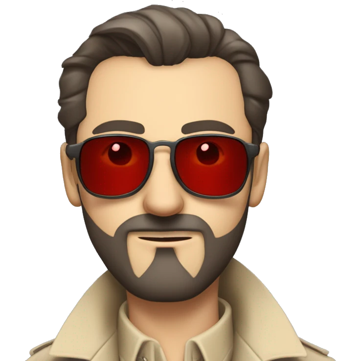 1930s investigator, a Caucasian man with short, dark hair and a rough beard, wears small red-tinted sunglasses and a dirty beige trench coat. He has a serious demeanor. emoji