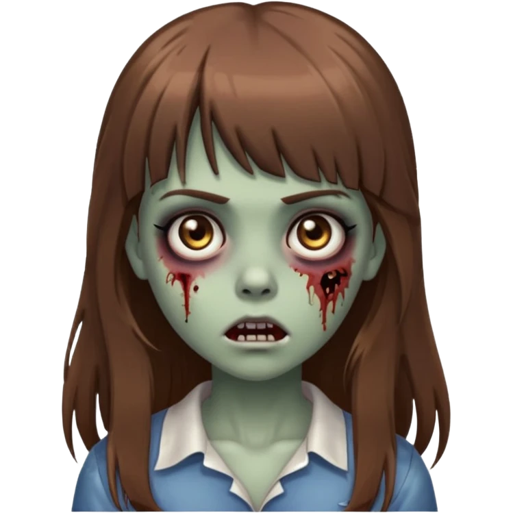 Zombie girl emoji with long brown hair, bangs, big black eyes emoji