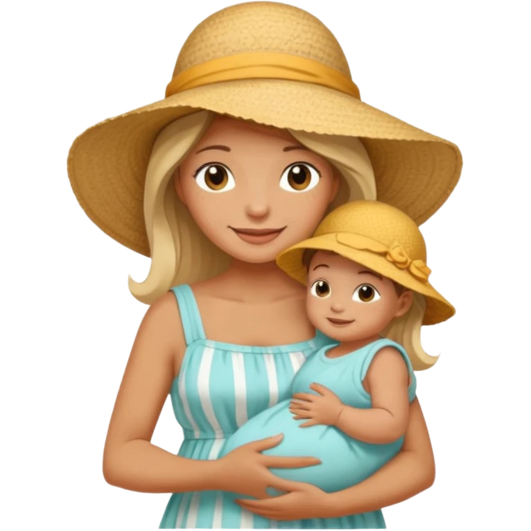 A mom in a sunhat holding her baby gently, wearing a sun-dress while smiling softly. emoji