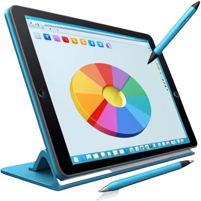 Create an emoji for 3D visualization and modeling. Show a large graphic tablet with a stylus drawing in a 3D modeling program. The 3D model on the screen should appear to protrude out of the screen. Use modern, professional colors. Make the background transparent. emoji