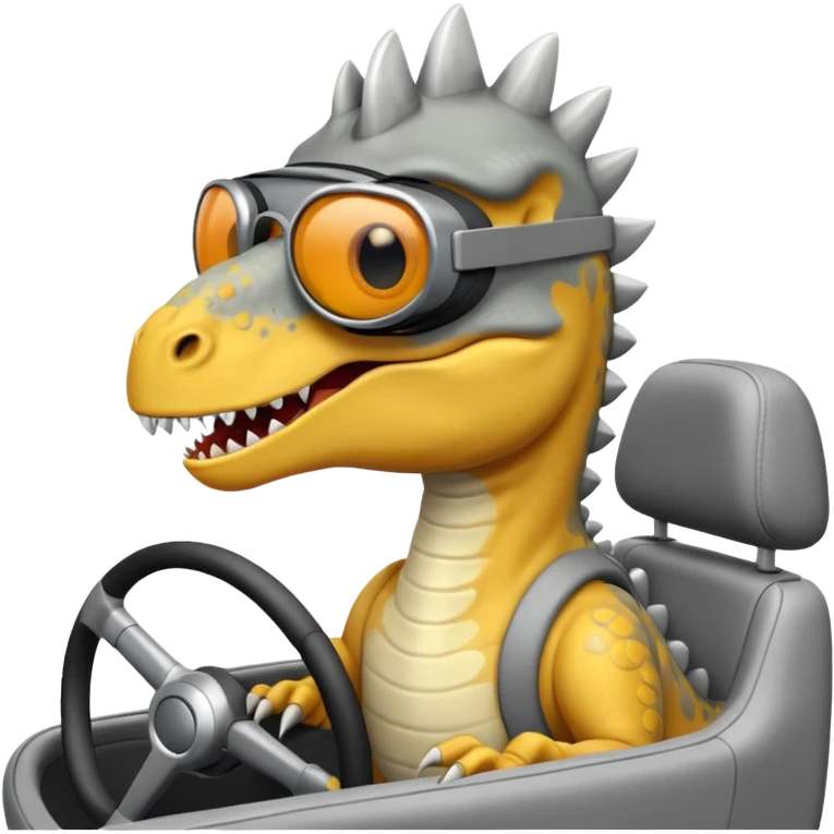 Dinosaurio  gris subido en un carro blanco tecnológico con lentes de realidad virtual emoji