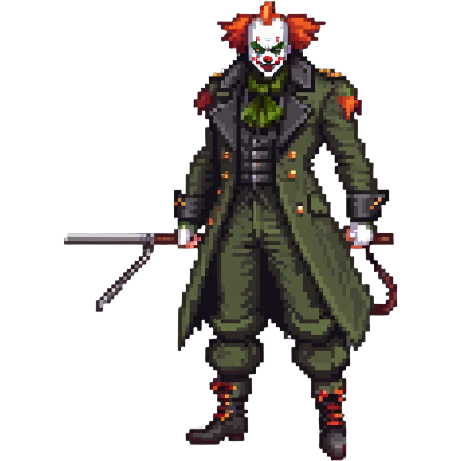 evil clown soldier, bald, small black horns on forehead, fangs, pointed ears, eye patch over one eye, long coat over black and military green clothes with bellbottom pants, tail, holding an Indiana Jones-style whip, realistically proportioned, less bulky, full body, fighting stance emoji