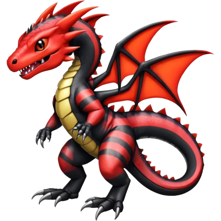 Cute Shiny striped black and red iridescent Guilmon-Salandit-Fakémon-hybrid-creature (full body)  emoji