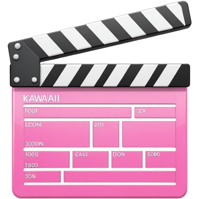  pink  pink clapperboard used in filmmaking, cute and stylish design with white details, open position, soft reflections, realistic or kawaii style, isolated on transparent background emoji