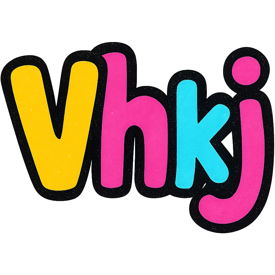 the letters 'Vhkj' in a playful icon style, vibrant colors, bubbly forms, friendly and approachable emoji
