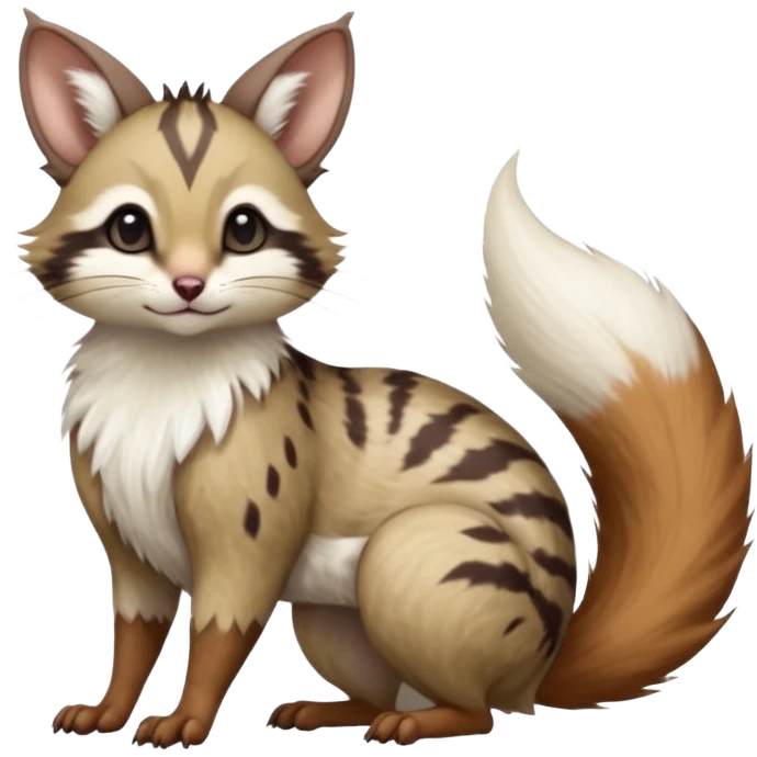 Brown-pointed, soft natural realistic romantic vintage antique divine beautiful elegant pretty precious cute young youthful  Fakémon-Pokémon-alien-opossum-squirrel-feline-serval-caracal-chinchilla-Minccino-Cinccino-Meowstic-rodent-hybrid-creature with a big fluffy bushy tail (full body) emoji
