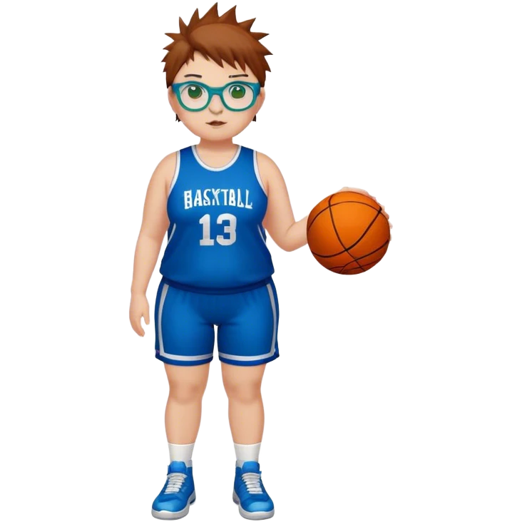 Full Body white chubby Girl with basketball spikey short brown hair  wearing blue glasses with green eyes emoji