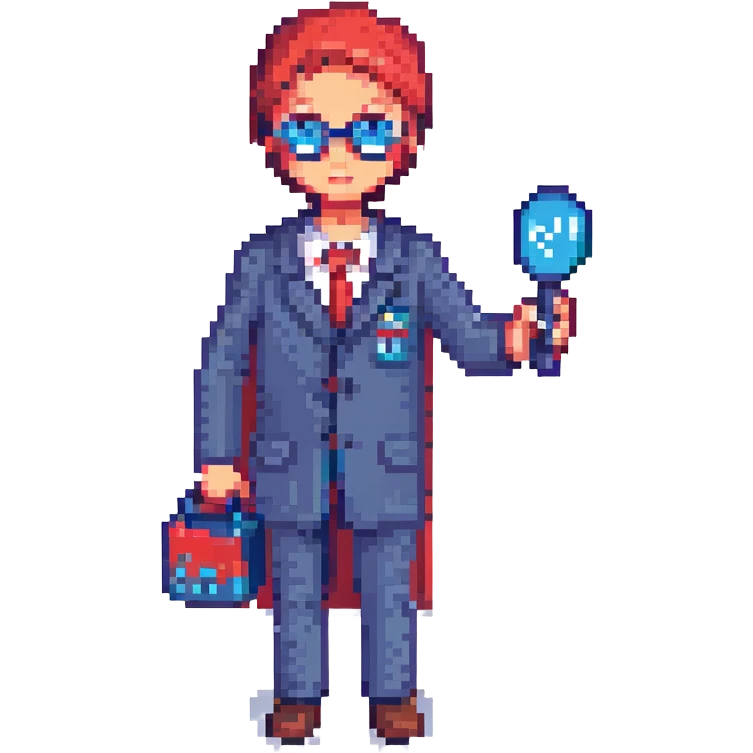 A secret agent holding a magnifying glass and code cards, spy theme, detective style, mysterious atmosphere, red and blue color scheme emoji