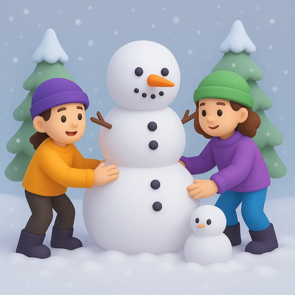 Show two different kids (different hair and clothing colors) building a snowman in a snowy background, keep the 3D emoji style emoji