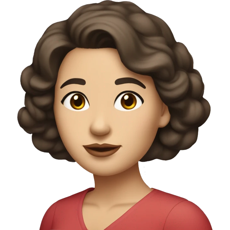 The woman has soft features, fair skin, and almond-shaped eyes. Her defined eyebrows and natural pink lips frame her face. Her dark, wavy hair is partly tied back, giving her an elegant yet relaxed look.  She wears a red V-neck dress. White skin. emoji