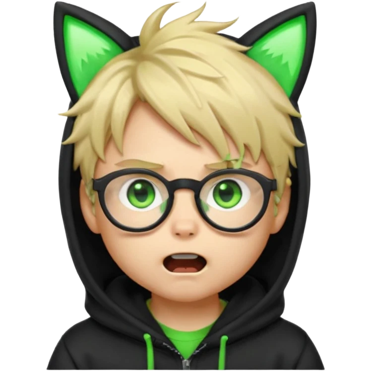 Cute chibi hacker boy emoji, blond messy hair, black glasses, black hoodie with neon green cat ears, wide glowing green eyes, shocked expression, open mouth, dramatic neon lighting, kawaii emoji style emoji