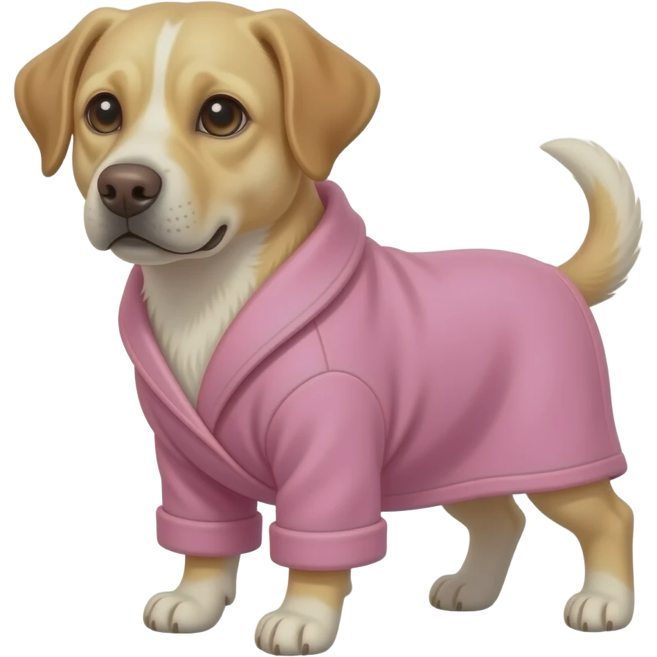 light labrador mini mix in a pink robe emoji