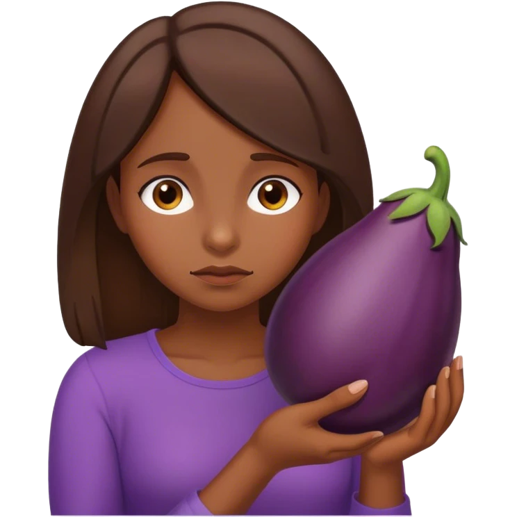 Sad brown hair girl hold eggplant emoji