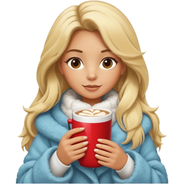 Tanned Girl with lashes , blonde hair, in an extremely big fluffy oversized coat and hold hot chocolate drink and more look like apple emoji face emoji