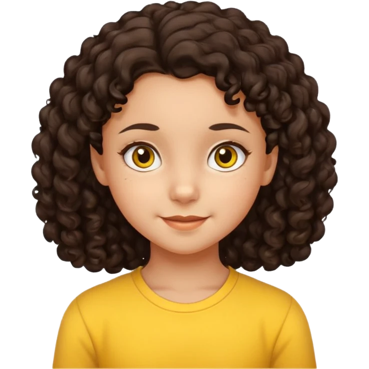 10 year old girl, morena, dark brown curly hair, smirking expression, yellow background emoji