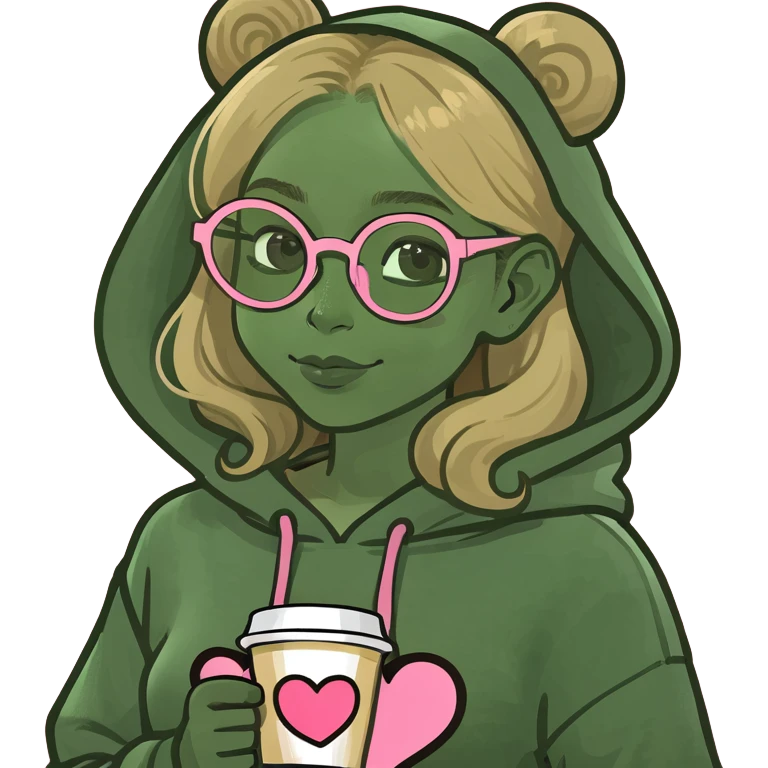 A girl with a love heart ok her hoodie with an espresso blonde hair brown eyes pinky gold glasses smiling and raining outside  emoji