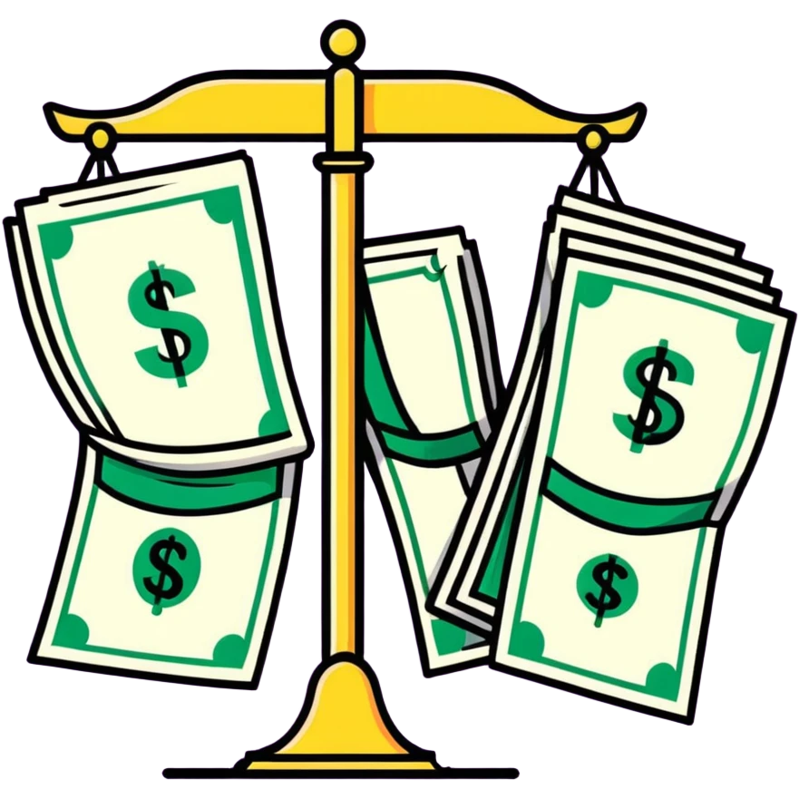 A balanced scale with money and dollar signs on one side and three colorful stars on the other side emoji