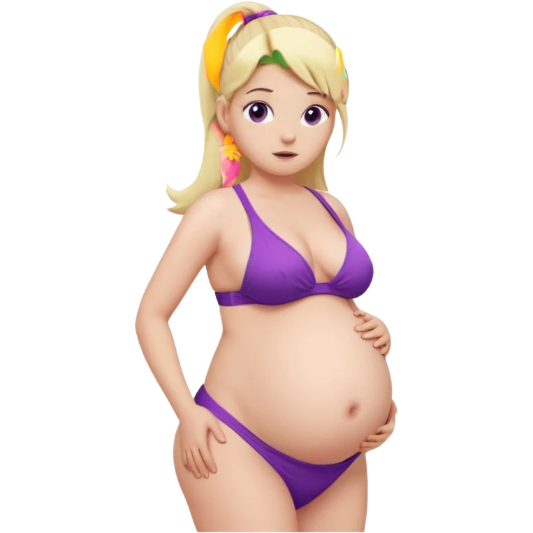 White girl, long blonde ponytail, purple eyes, huge pregnant belly, full body, white bikini, nervous expression, front view. emoji