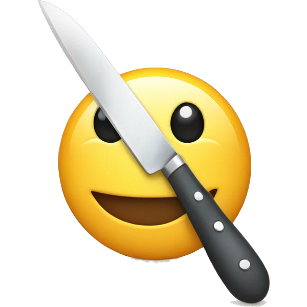 a friendly smiling emoji face holding a small kitchen knife, cartoon style.” emoji