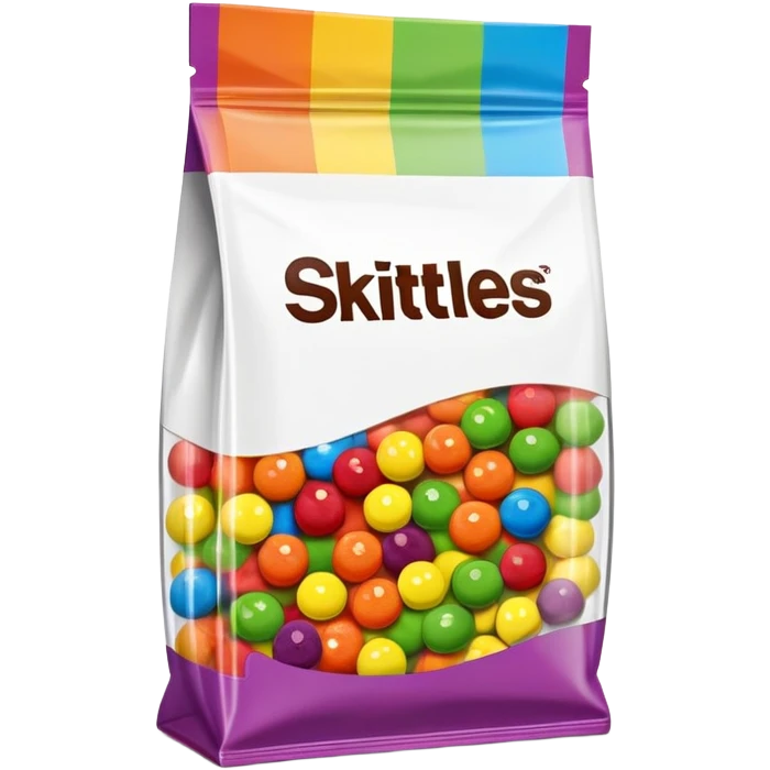A Skittles candy package with multiple pieces of transparent tape holding it closed, rainbow colored packaging, minimalist style emoji