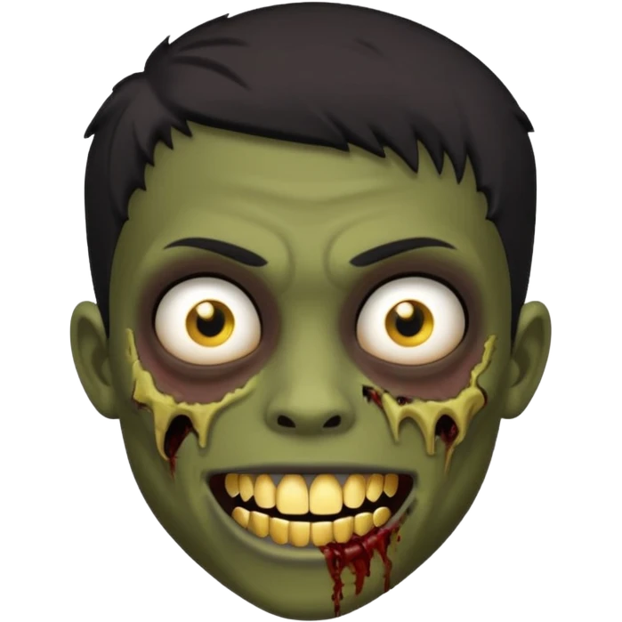 Make a boy zombie dark skin and short black 4c hair, showing a golden grilz teeth emoji
