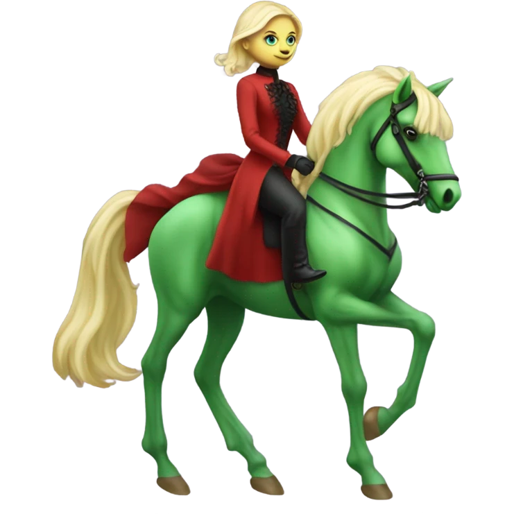 "galora green blonde alien woman" in red Victorian elegant dress, full body, rides winged horse

 emoji