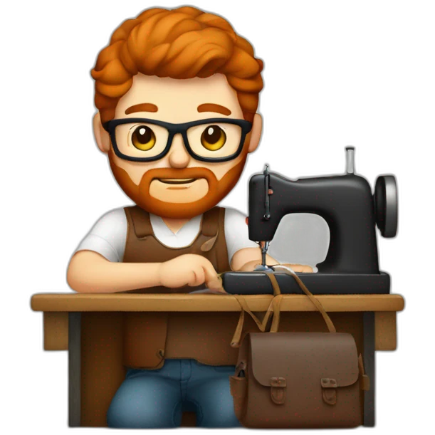 Red smooth haired man with beard and glasses sewing a leather bag by hand emoji