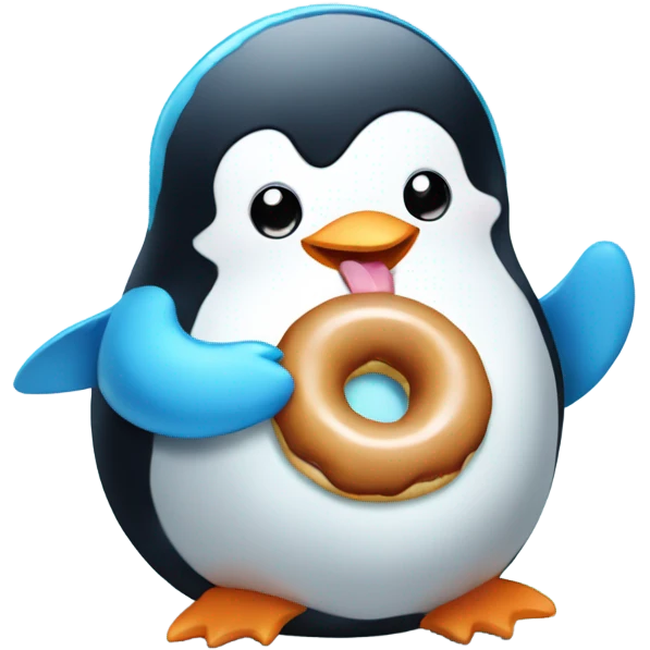 Cute baby penguin eating a donut with blue icing  emoji