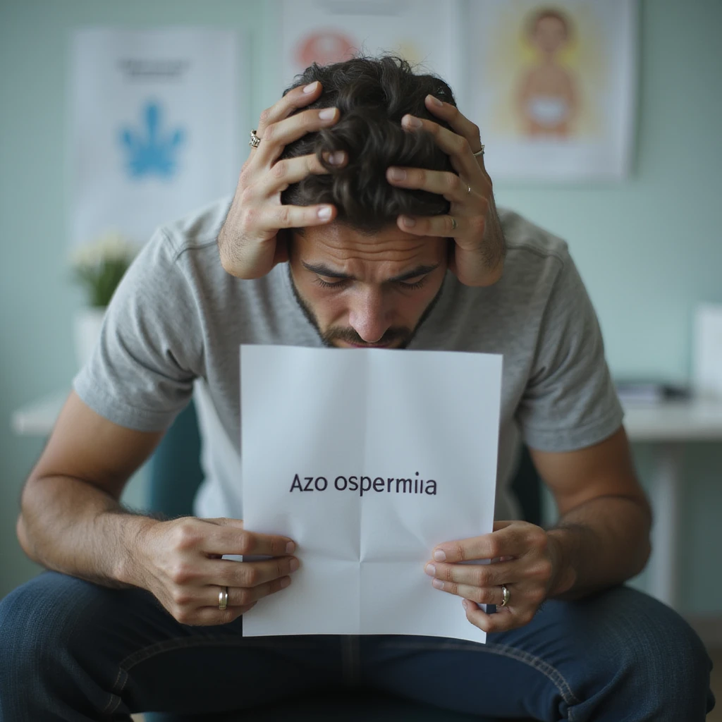 hyperrealistic 4K image of a man in his 30s sitting in a urologist's office, holding semen analysis paper with 'azoospermia' visible, head in hands, devastated expression, fertility posters on wall, clinical setting emoji