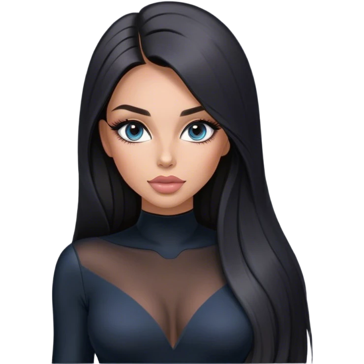 Glamours, tanned, very beautiful girl, with big pump peach-beige-rose lips, long long lashes, black straight smooth silky long hair, straight parting hair, blue-grey eyes in black long-sleeves bodysuit emoji