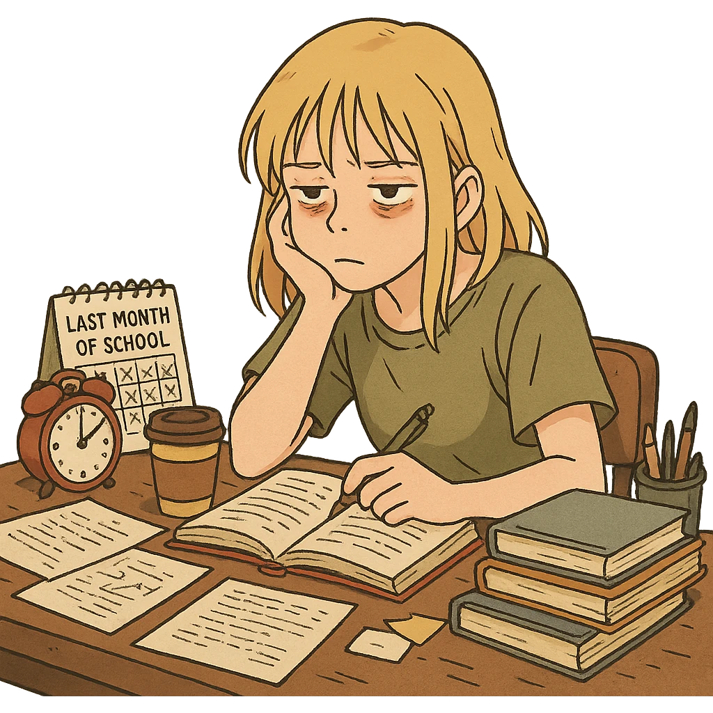 ghibli style blonde straight-haired girl in survival mode, cluttered desk, tired eyes, last month of school emoji