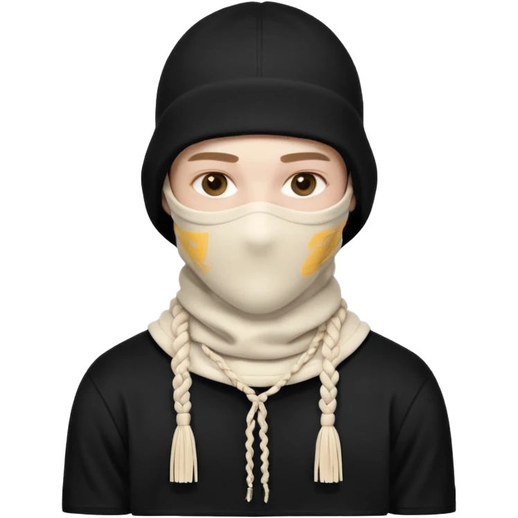 Ultra-detailed studio shot of a post-apocalyptic off-white balaclava — deconstructed, frayed, layered, with braided rope tassels and subtle embroidery. Minimalist white background, soft lighting, sharp focus. High-fashion streetwear aesthetic. The face of a person in a mask should not be visible emoji
