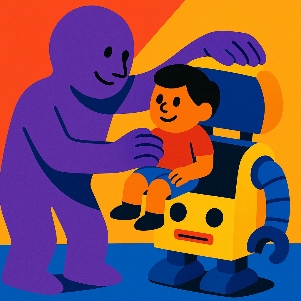 a purple person putting a child into a robot, minimalistic, clear action, no disturbing details emoji