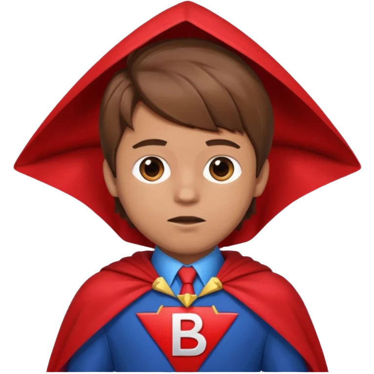 A cartoon boy with brown hair and a blue suit and a upside down triangle with a B on it with a red cape  emoji