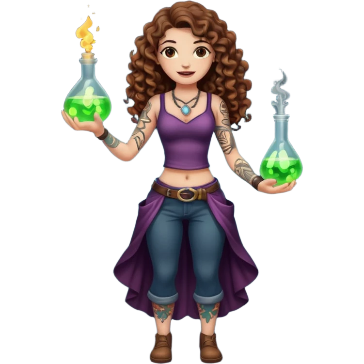 full body view of a woman with long curly brown hair, brown eyes, white skin, tattoos, holding a glowing potion flask at hip level, playful dangerous smile emoji