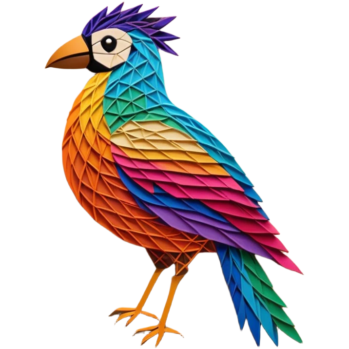 String art icon, large colorful bird in frontal view, geometric patterns made from threads, intricate design with pins on a board, vibrant colors, minimalistic style, clean lines, transparent background. emoji