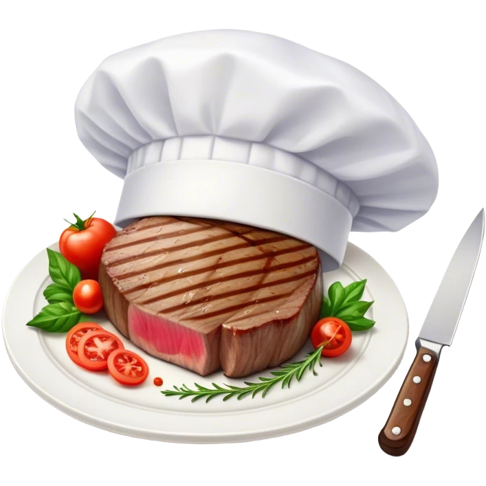 A photorealistic icon featuring a chef's hat, a cutting board with fresh ingredients, a knife, a plate with a well-plated dish, and a beautiful ribeye beef steak. Bright, detailed design with realistic textures and lighting. Transparent background, clearly symbolizing cooking and culinary arts. emoji