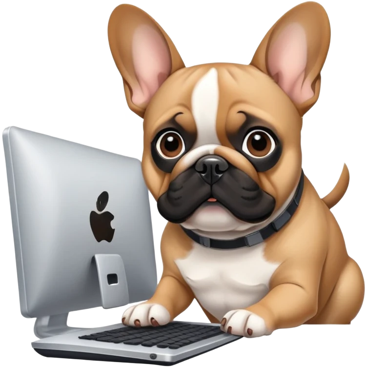 Fawn Frenchie with black muzzle working behind computer emoji